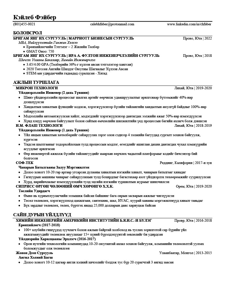 Copy of my resume in Mongolian.