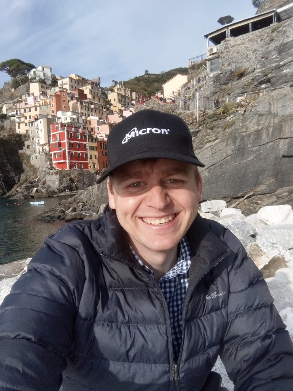 Me wearing my Micron hat while on a boat off the coast of cinque terre in Northern Italy.